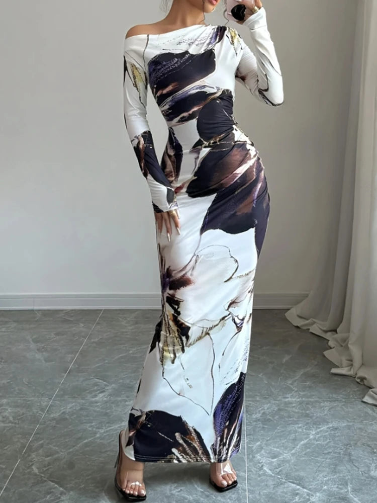 Fashionable Elegant Slim Fit Printed Long Dresses For Women Sexy Slanted Shoulder Long Sleeved Dress Spring Summer 2025 New