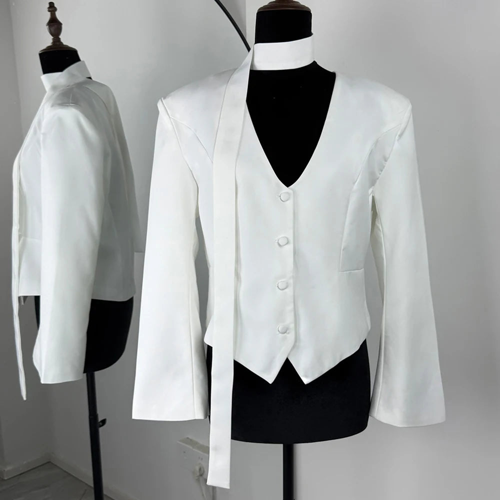 Talenza Female Fashion Blazer New Solid V-Neck Scarf Ribbon Long Sleeve Slim Blazer Elegant Luxury Chic Party Women Blazer Coats