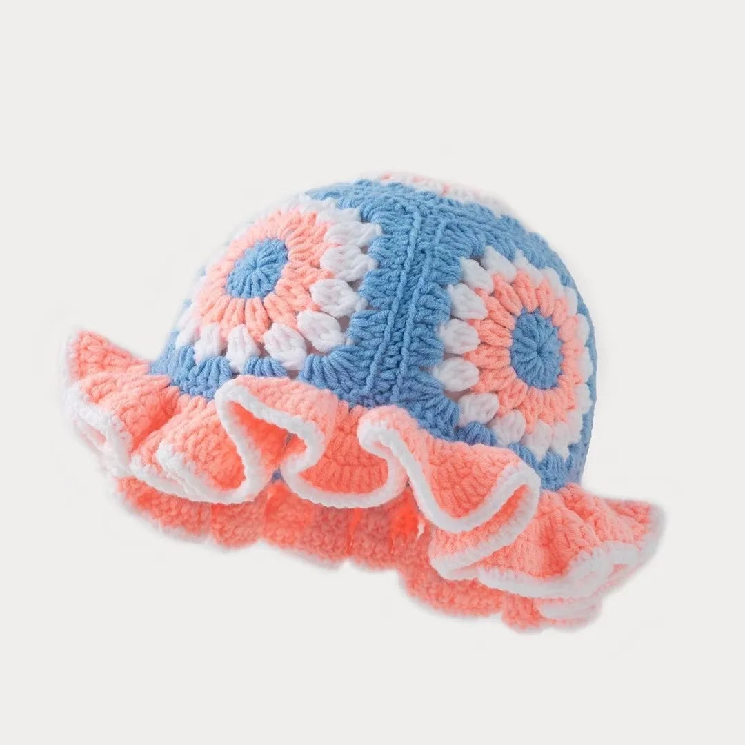 Men's and women's colorful hand crocheted knitted hats with wavy edges and floral patterns,woolen hats suitable for keeping warm