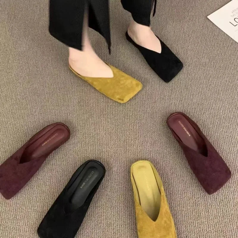 Loafers 2025 Spring New Slip-on Outside Square Toe Baotou Half Slippers for Women
