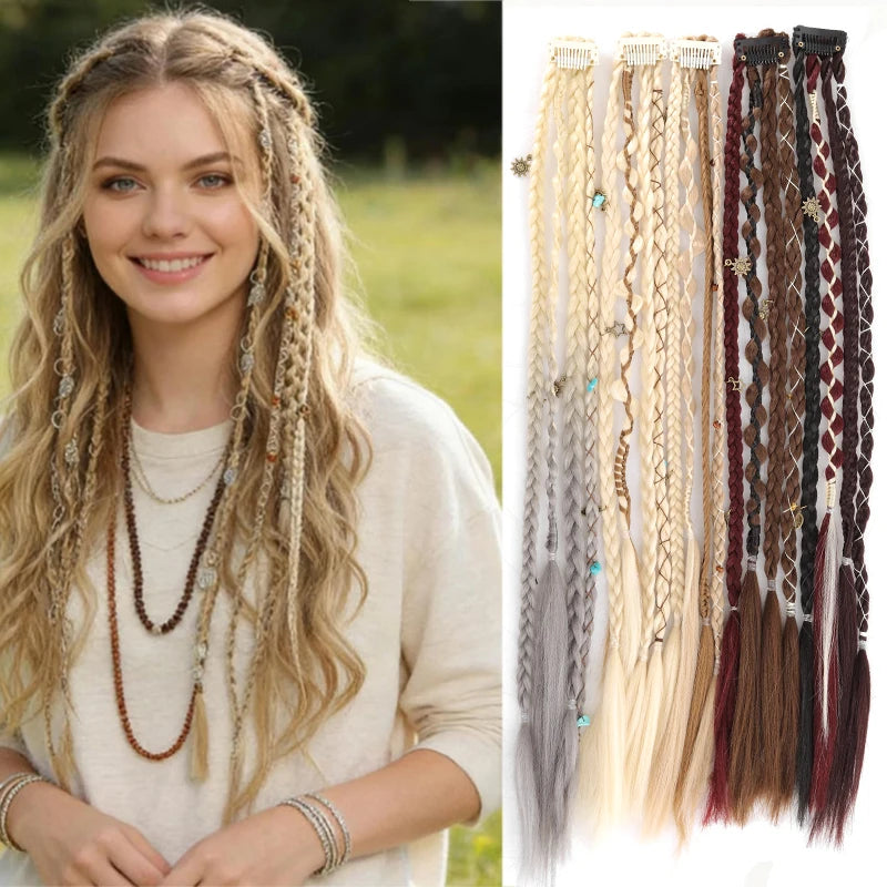 Wig with 4 small braids and hair extensions for women paired with Bohemian style BB clip on synthetic boxing braids
