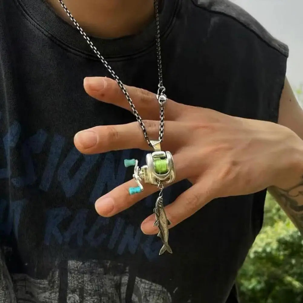 Mini Fishing Reel Jewelry Set Fashion Fishing Reel Necklace For Men Women Rotatable Funny Personalized Fishing Pendant Necklace