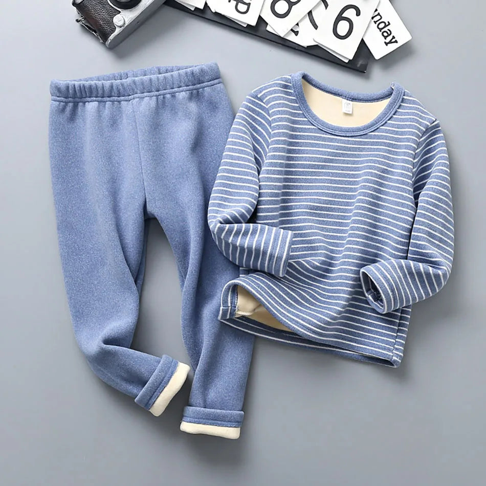Plush Lined Kids Pajama Set Cozy Striped Winter Sleepwear Ultra Warm Soft Pajamas for Boys and Girls for Autumn and Winter