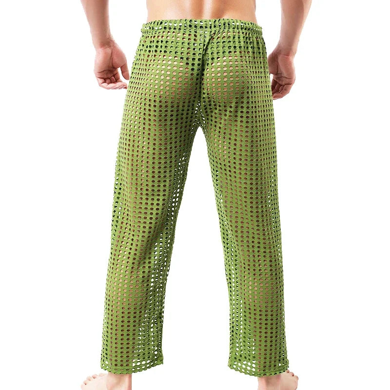Mens Pajamas Sexy Mesh See Through Long Pants Sleepwear Fishnet Hollow Out Fitness Trousers Sleep Bottoms Sexy Underwear