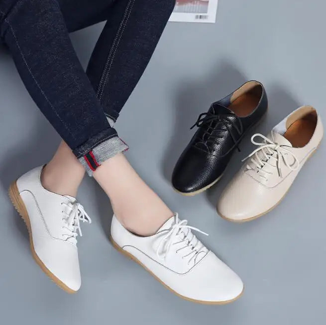2026 New Women Flats Spring Autumn Woman Loafers Genuine Leather Female Shoes Lace up Soft Comfortable Ladies Women's Shoes