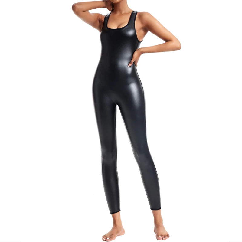 Women one-piece Body Shaper Leather Jumpsuits sleeveless Bodysuits high-elasticity Corsets Tight leggings sexy Leather Shapewear