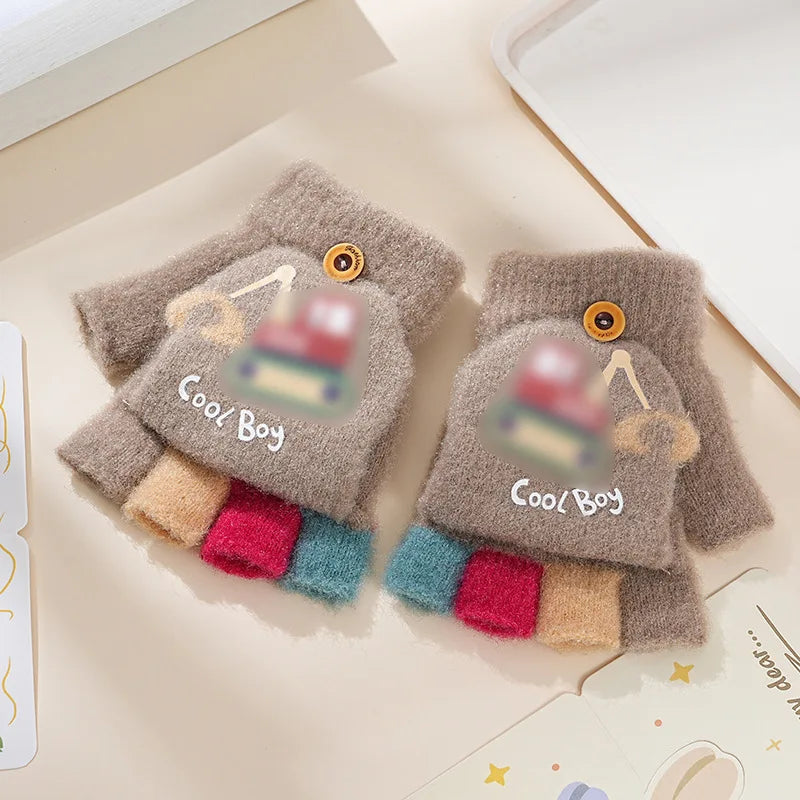 Children's Warm Gloves for Boys and Girls Cartoon Cute Half Finger Knitted Winter Flip Cover Baby Thick Cold Proof Five Fingers