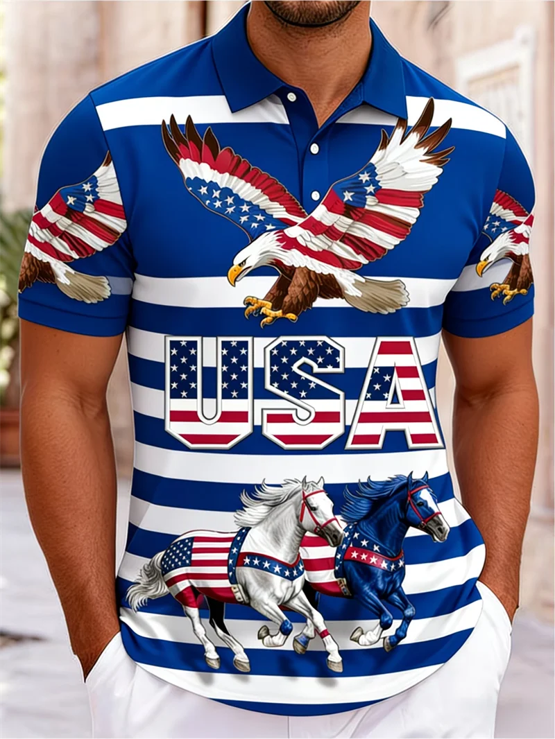 American Flag Eagle Print Couple Men's Polo Shirts Women USA Star Striped Patriotic Casual Sportswear For Independence Day
