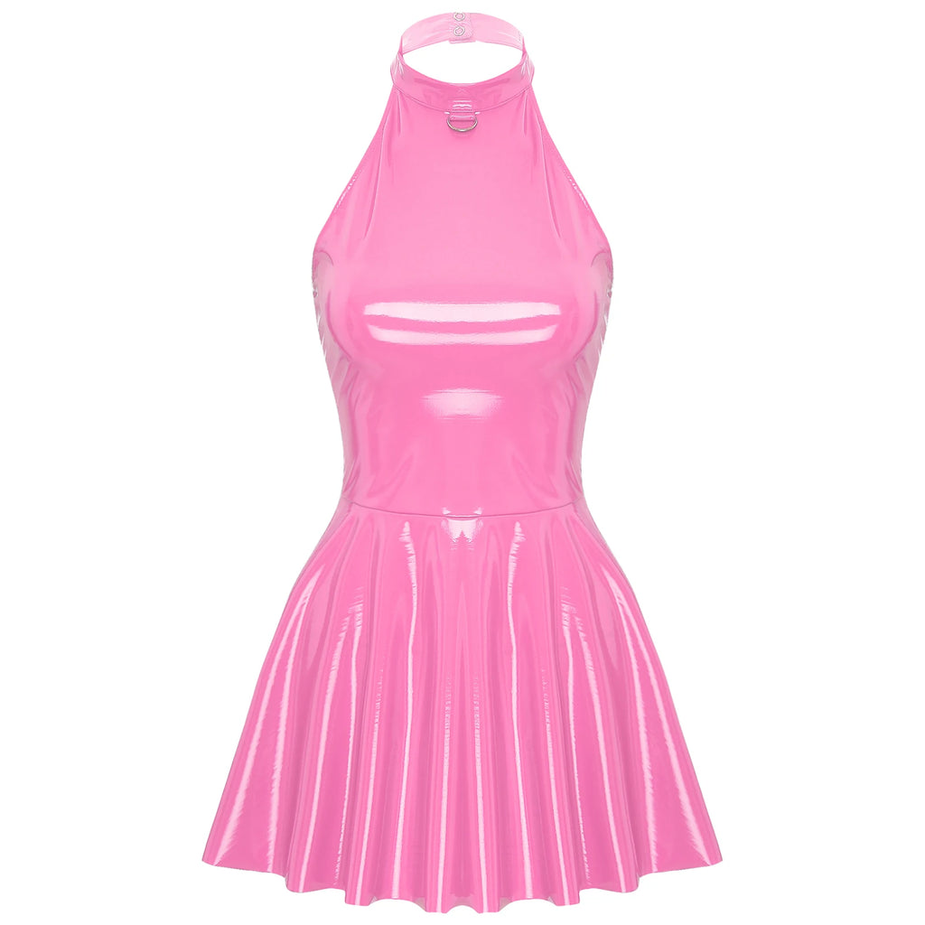 Women Wetlook Patent Leather Dress Sleeveless Sexy Halter Minidress Nightclub Party Pole Dancing Performance Dancewear Clubwear