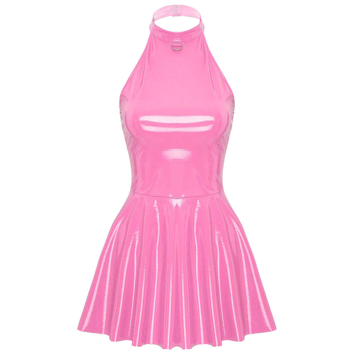 Women Wetlook Patent Leather Dress Sleeveless Sexy Halter Minidress Nightclub Party Pole Dancing Performance Dancewear Clubwear