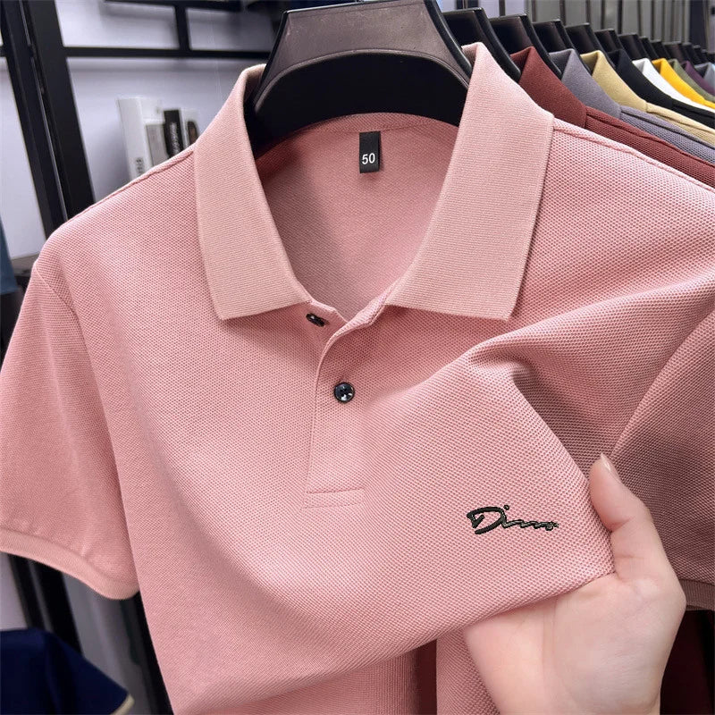 Men's Summer High-End Printed Golf Polo Shirt with Collar, Solid Color, Breathable, Office Casual, High-Quality Men's Clothing