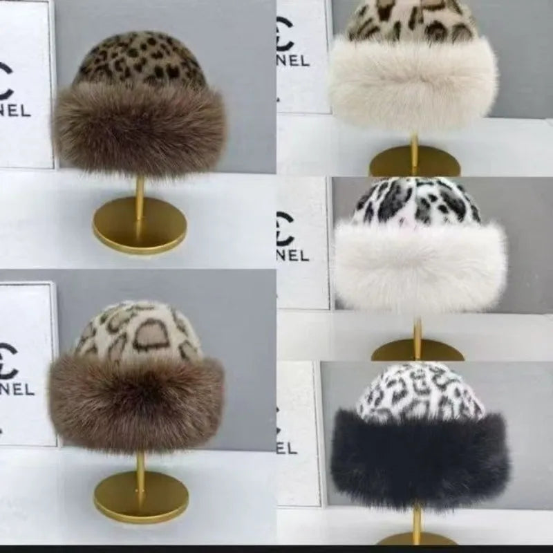 Fashionable Leopard Print Plush Hat Women's Autumn and Winter Retro Thickening Cold Protection To Show The Face Hats for Women
