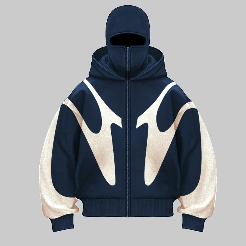 Retro Printed Devil Pattern Double hat style Hoodie Y2k Harajuku Casual Couple Zipper Hoodies Sweatshirt Fashion Street Clothing