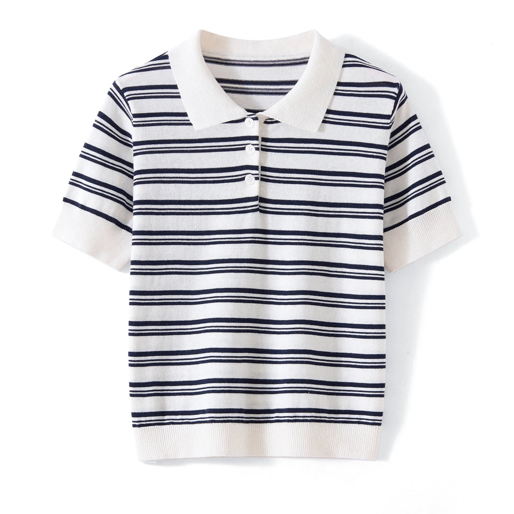 WinvyNee Summer Women's Pure Cotton Sweaters Polo T-Shirts White Half Sleeve Striped Tees Y2k Outerwears Pullover Tops ZA1523012
