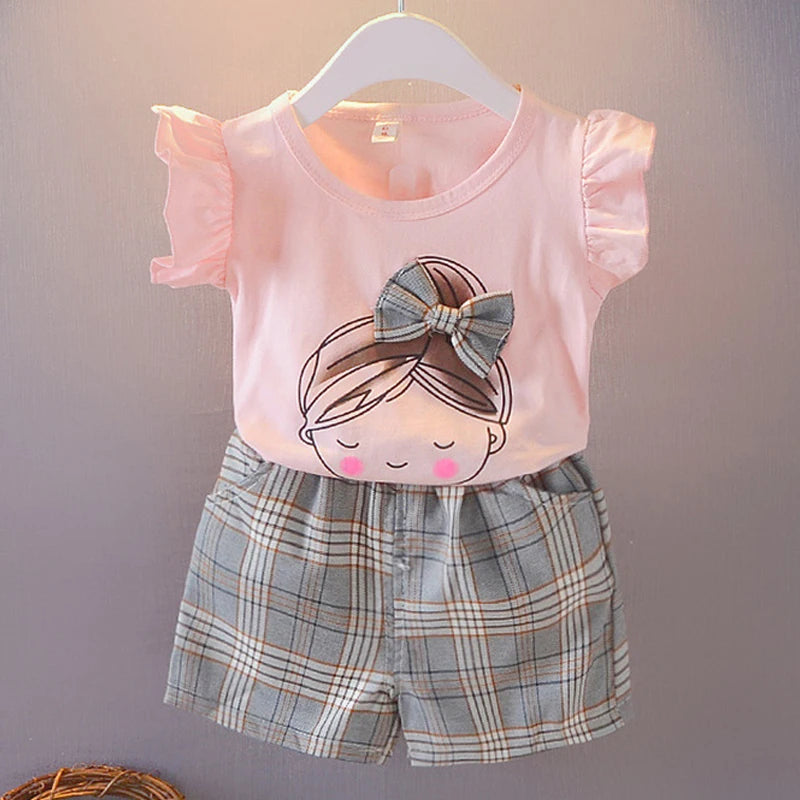 Kid Baby Girl Clothes Set Ruffle Sleeve Bow T-shirt+Plaid Short Pant 2Pcs Girl Suit Casual Cotton Children Clothing Outfit A875