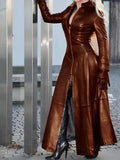 PU Leather Clothing with Stand Collar Zipper Women Long Trench Coat Solid Color Long Sleeve Slim Fashion Casual Sexy