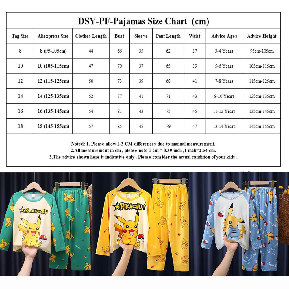 Pikachu Pajamas for Boys Children's Long Sleeve 2pcs Top+Pants Sleepwear Kids Clothing Sets Cartoon Girls Casual Outfits Gifts