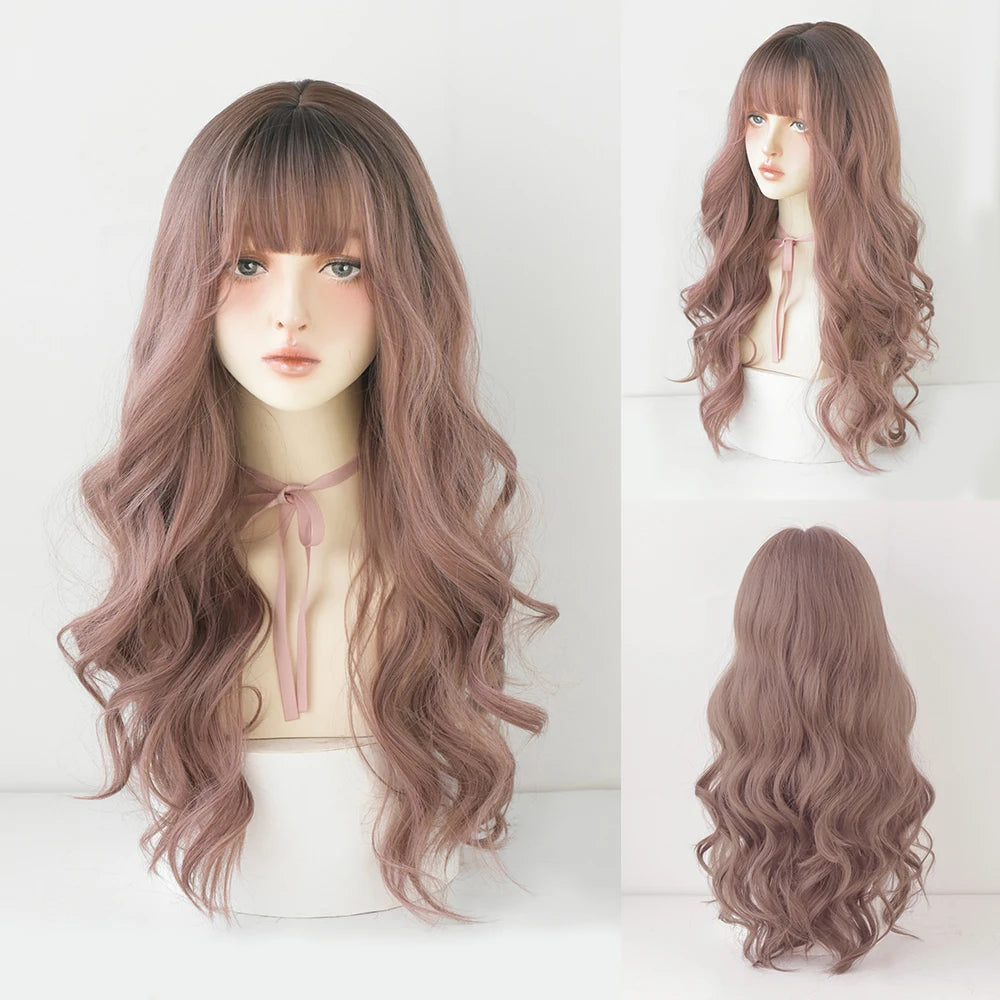 Long Curly Hair Women Wig with Bangs Daily Brown Black Pink Lolita Cosplay Braided Wigs Heat Resistant Fiber Party Fake Hair
