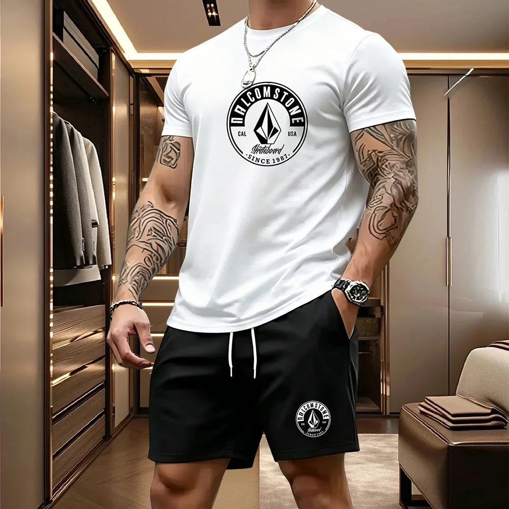 Men's Casual Sportswear 2-piece Set Classic Short Sleeved T-shirt+drawstring Pocket Shorts Street Skateboarding Outdoor Outfit