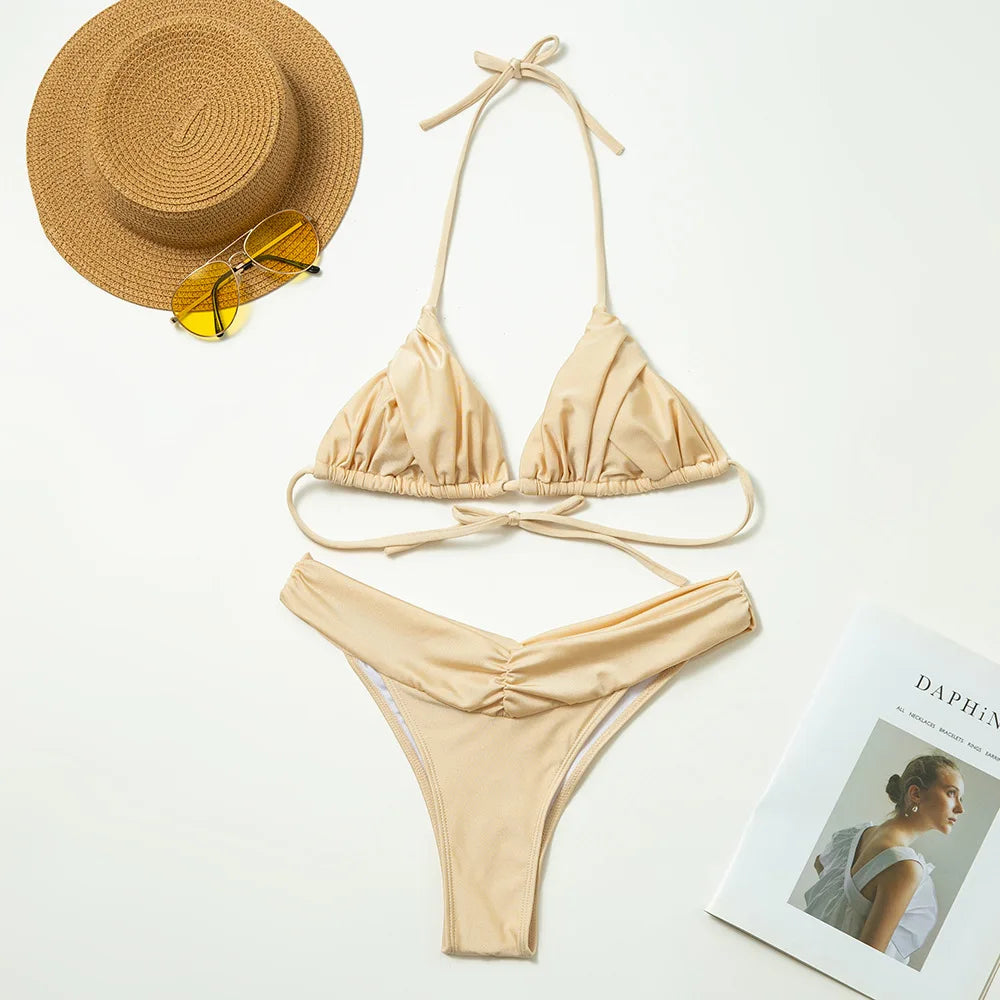 New Women's Bikini Set European and American Solid Color Sexy Pleated Bikini Beach Bikini Pool Bikini
