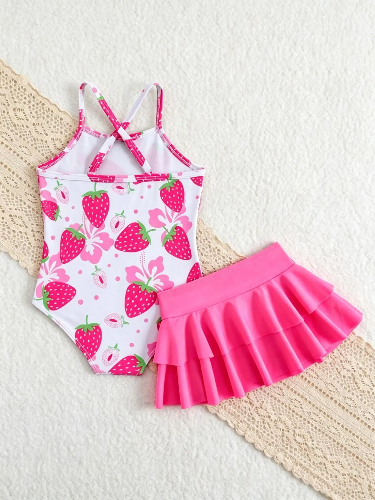 Girls' Summer Casual Swimwear Children's Red and Pink Swimsuit Set, Girls' Strapless One-Piece Swimsuit + Beach Skirt Two-Piece Set Suitable for Girls Aged 4-12, Beach Swimwear Outfit