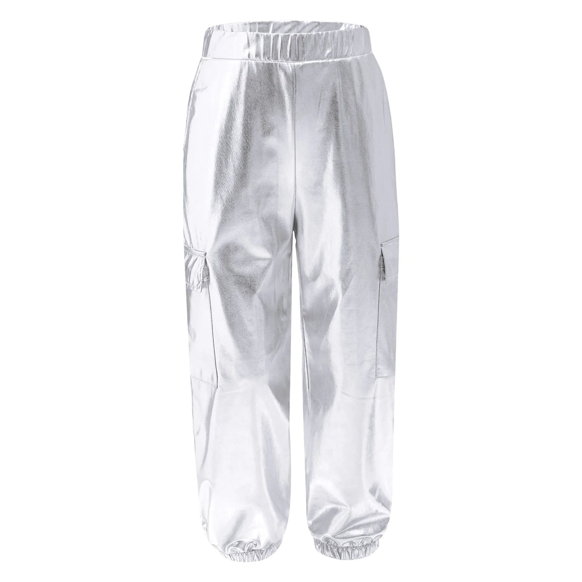 Kids Boys Girls Metallic Shiny Cargo Pants Fashion Children Holographic Trousers Teens Hip-Hop Pants Street Jazz Dance Costume
