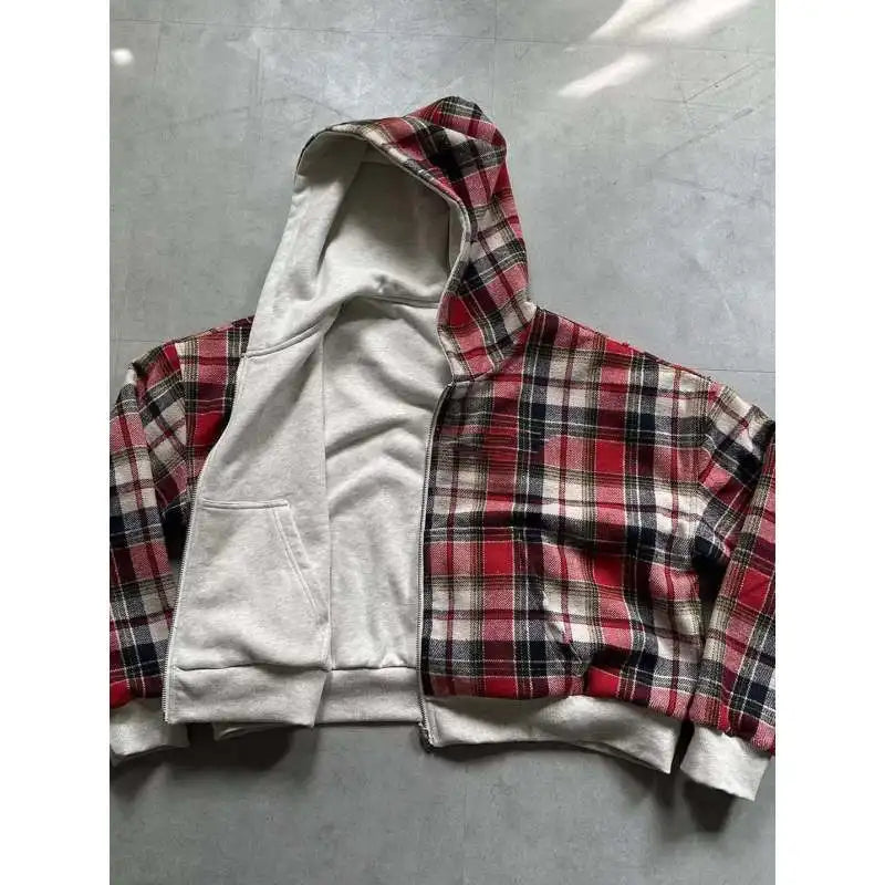Autumn and winter street double-sided y2k personalized plaid zipper hoodie hooded sweatshirt