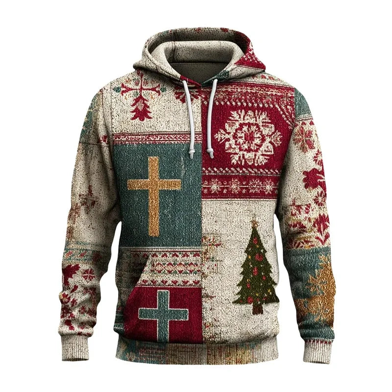 Men's Christmas Hoodies Full Print Vintage Christian Faith Pullover Hoodies Casual Xmas Santa Cross Faith Sweatshirt Tracksuit