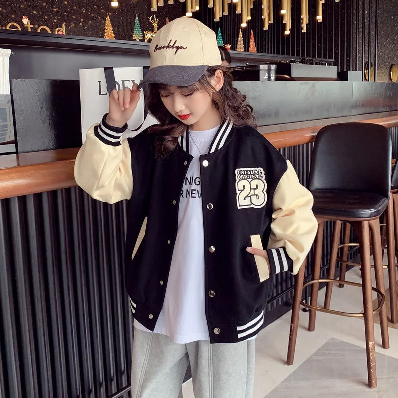 Children Girls Baseball Jackets For 3-14 Years Old Teens Clothes Children Sports Outerwear Coat Spring Autumn Fashion Jacket