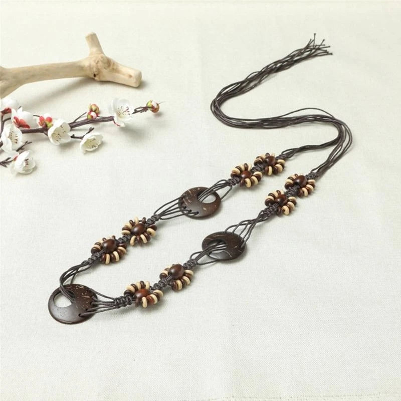 652F Women Braided Waist Belt Vintage Thin Bohemian Belts with Beads Decors Decorative Cool Girls Dress Shirt Waist Belt