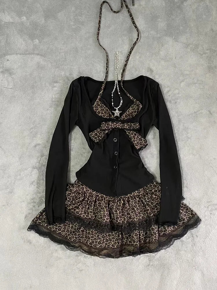 Autumn Winter Sexy Leopard Print Skirt Suit Women Fake Two Piece Tops + Lace Cake Skirt Set Japanese Y2k Bow Sets 2000s Clothing