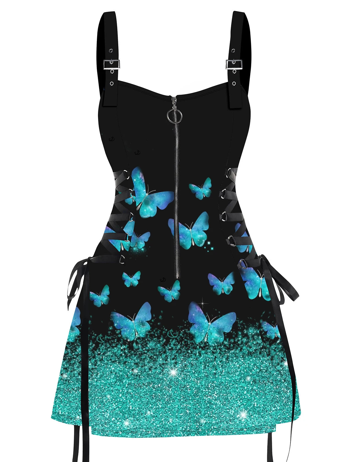 Dressfo 2025 Women's Sexy Sleeveless Dresses Shiny Butterfly Print Lace Up Half Zipper Buckle Strap Mini Dress Vestidos