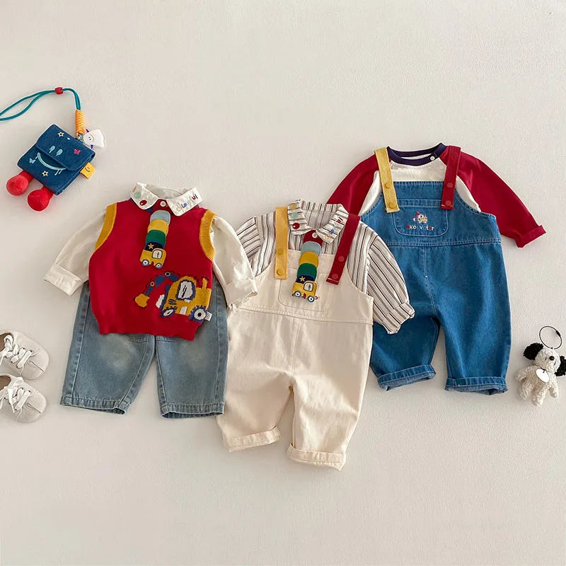 MILANCEL Spring Kids Shirts 9M-5T Cartoon Colorful Car Girls Blouse Engineering Vehicle Series Boys Clothes Children Pants