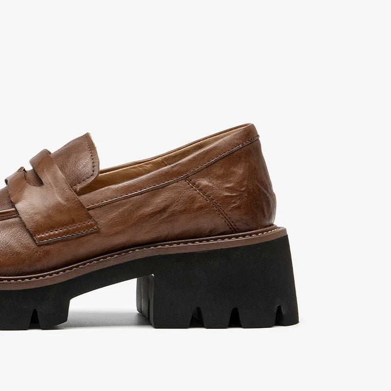 BEAUTODAY Platform Loafers Women Embossing Cow Leather Dress Shoes  Ladies Slip-on Flats Spring Autumn Handmade 26635