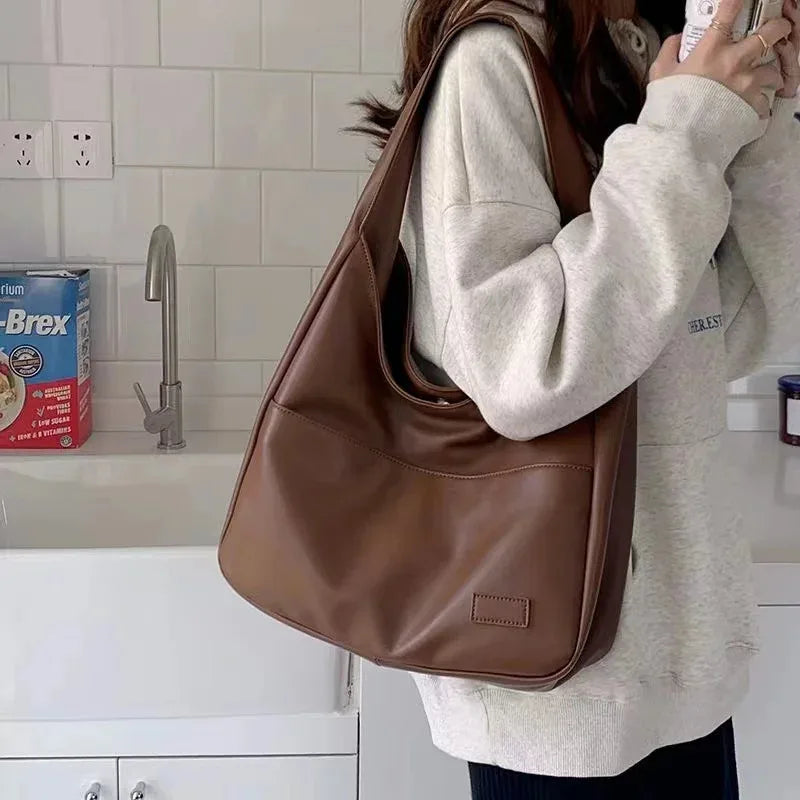 Large Capacity Black Leather Tote Bag for Women Fashionable Versatile Shoulder Bag Purse