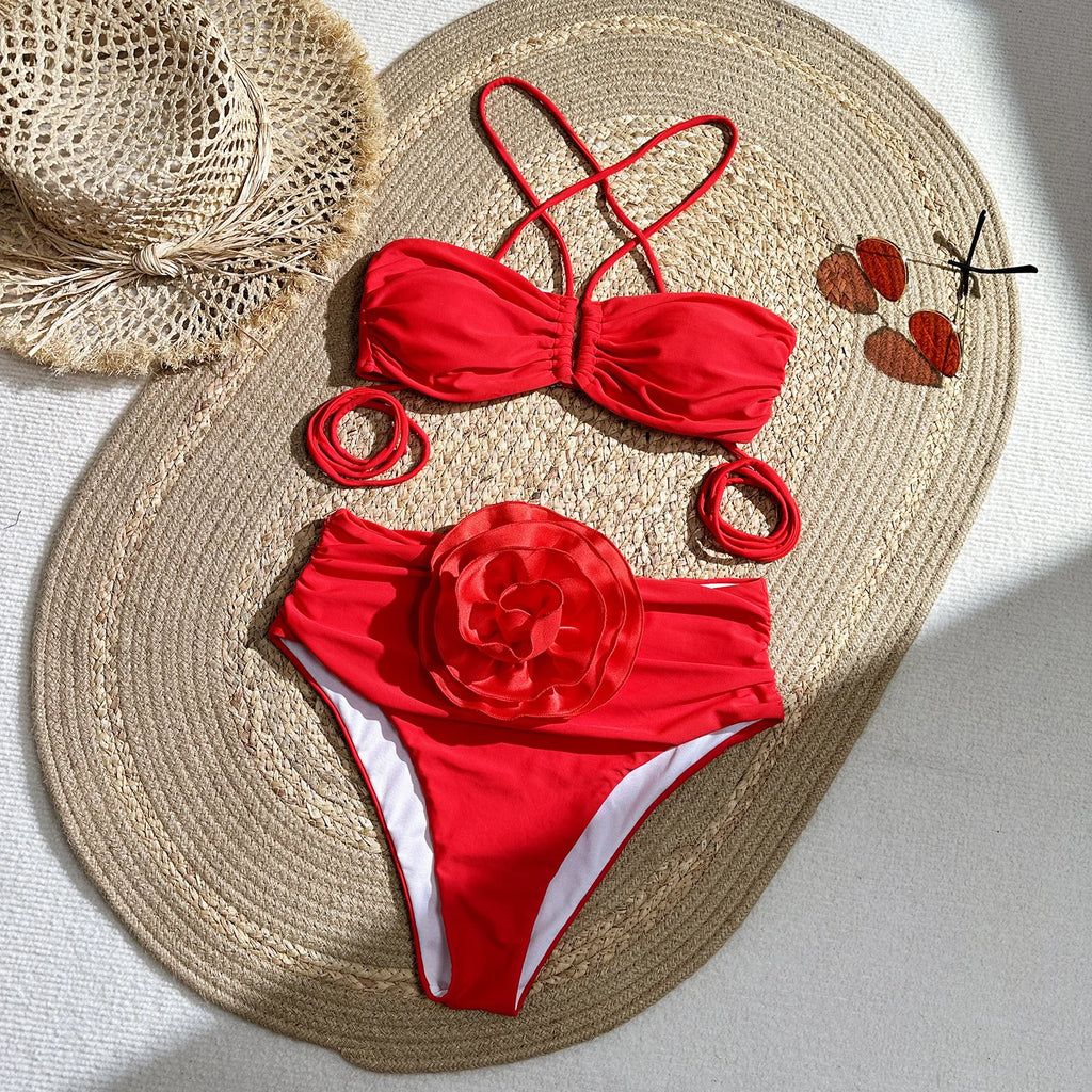 Flower Bikini Set High Waist Swimwear for Women Push Up Swimsuit 2026 New Halter Bandage Bathing Suit Solid White Black Red