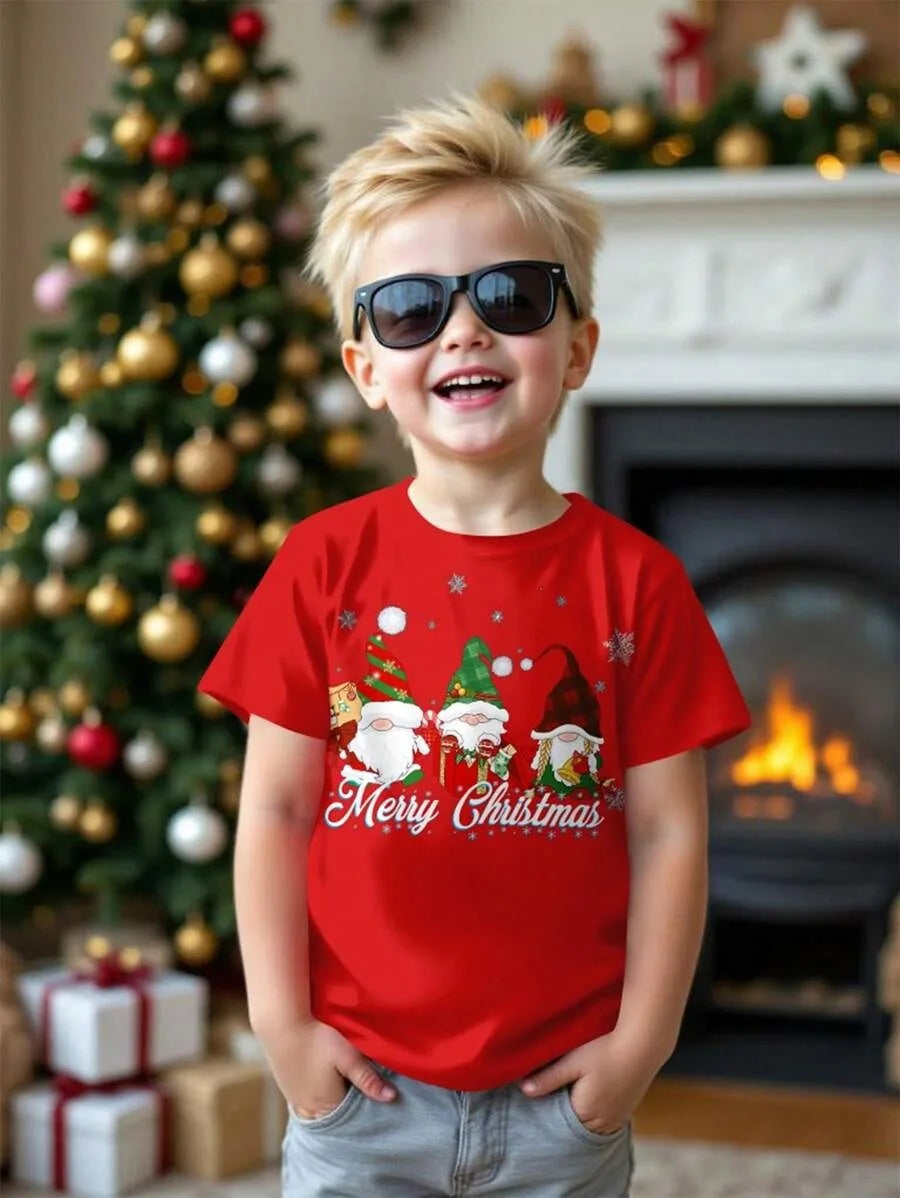 New Boys' T-shirts, Spring and Autumn Children's Colorful Christmas Printed Tops, Baby Base Shirts, Short-sleeved T-shirts