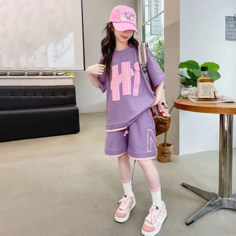 Girls T-Shirts Sets Clothes Kids Short Sleeve Tops+Shorts 2Pcs Children Clothes Suits Teen Loose Casual 2025 Outfits 5-14 Years
