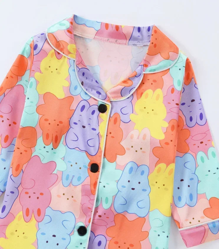 Girls Pajama Set Air-Condition 2pcs Outfit Children Casual Home Clothes Kids Cartoon Rainbow Rabbit Print Nightgown