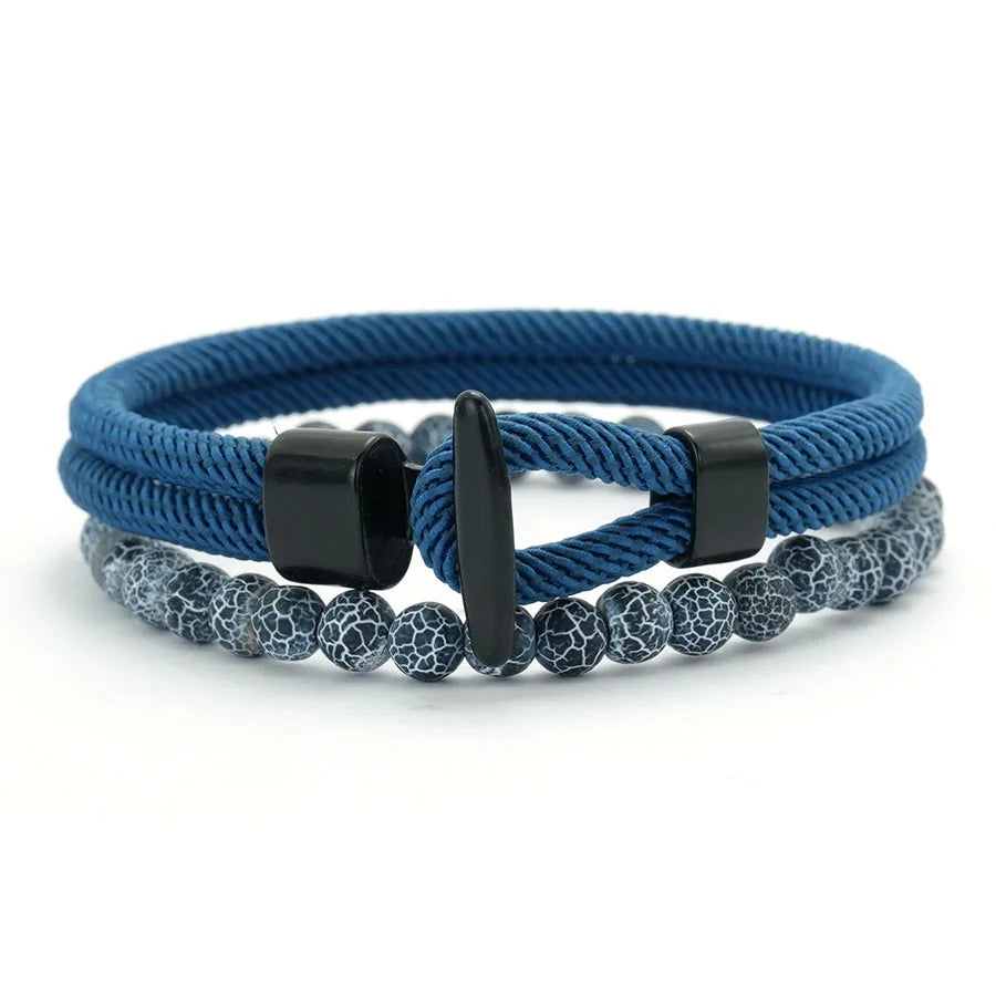 Classic 2Pcs Rope and Beaded Bracelet for Men Handmade Easy Hook Rope Natural Malachite Casual Nautical Jewelry Set Pulseria