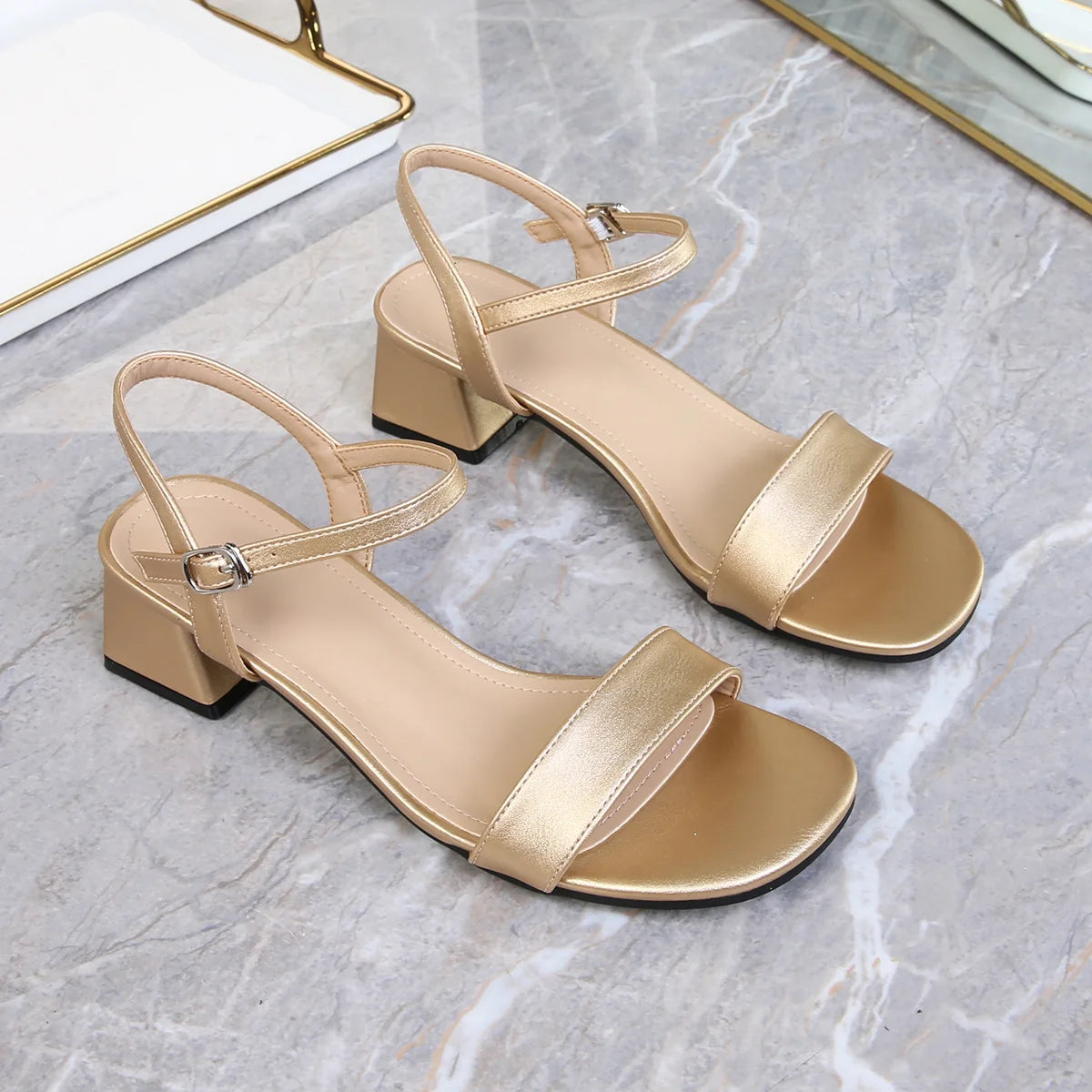 Sandals for Women Summer Fashion Soft Leather Chunky Sandals Round Head Open Anti-slip Wear-resistant High Heels Plus Size 44