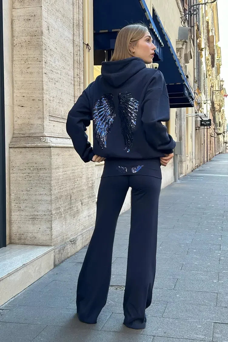 Unique Sequin Angel's Wings Hoodies Casual Comfortable Style Loose Pullovers Slimming Yoga Pant Set 2026 New Popular Lady Suit