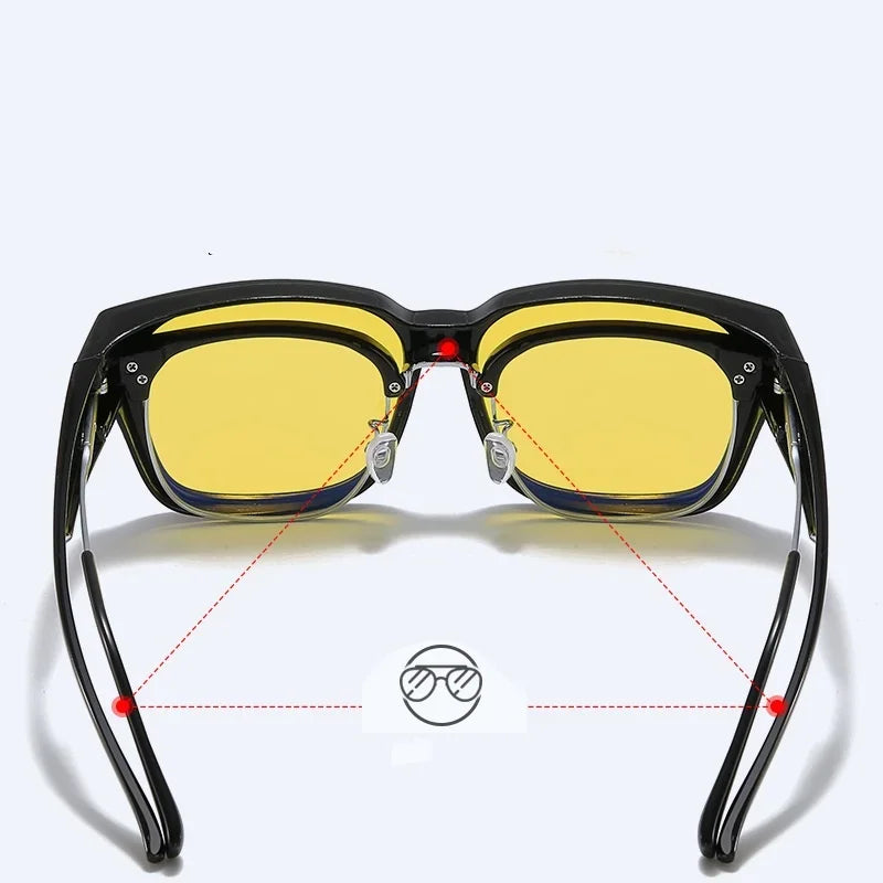 Men Night Vision Photochromic Sunglasses for Driving Women Myopia Sun Glasses Wear Over Retro Square UV Shades Fit Over Glasses