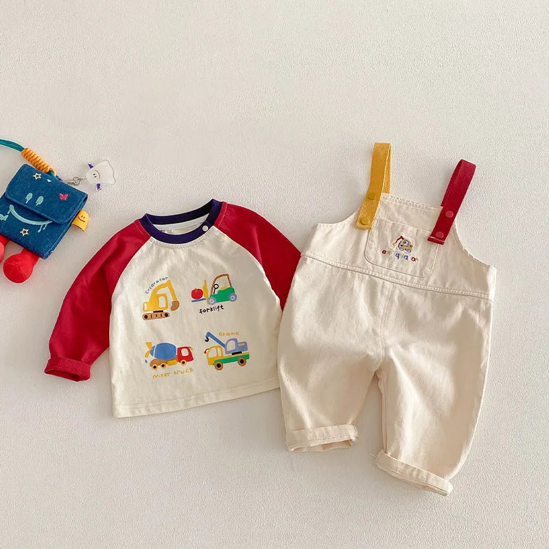 MILANCEL Spring Kids Shirts 9M-5T Cartoon Colorful Car Girls Blouse Engineering Vehicle Series Boys Clothes Children Pants