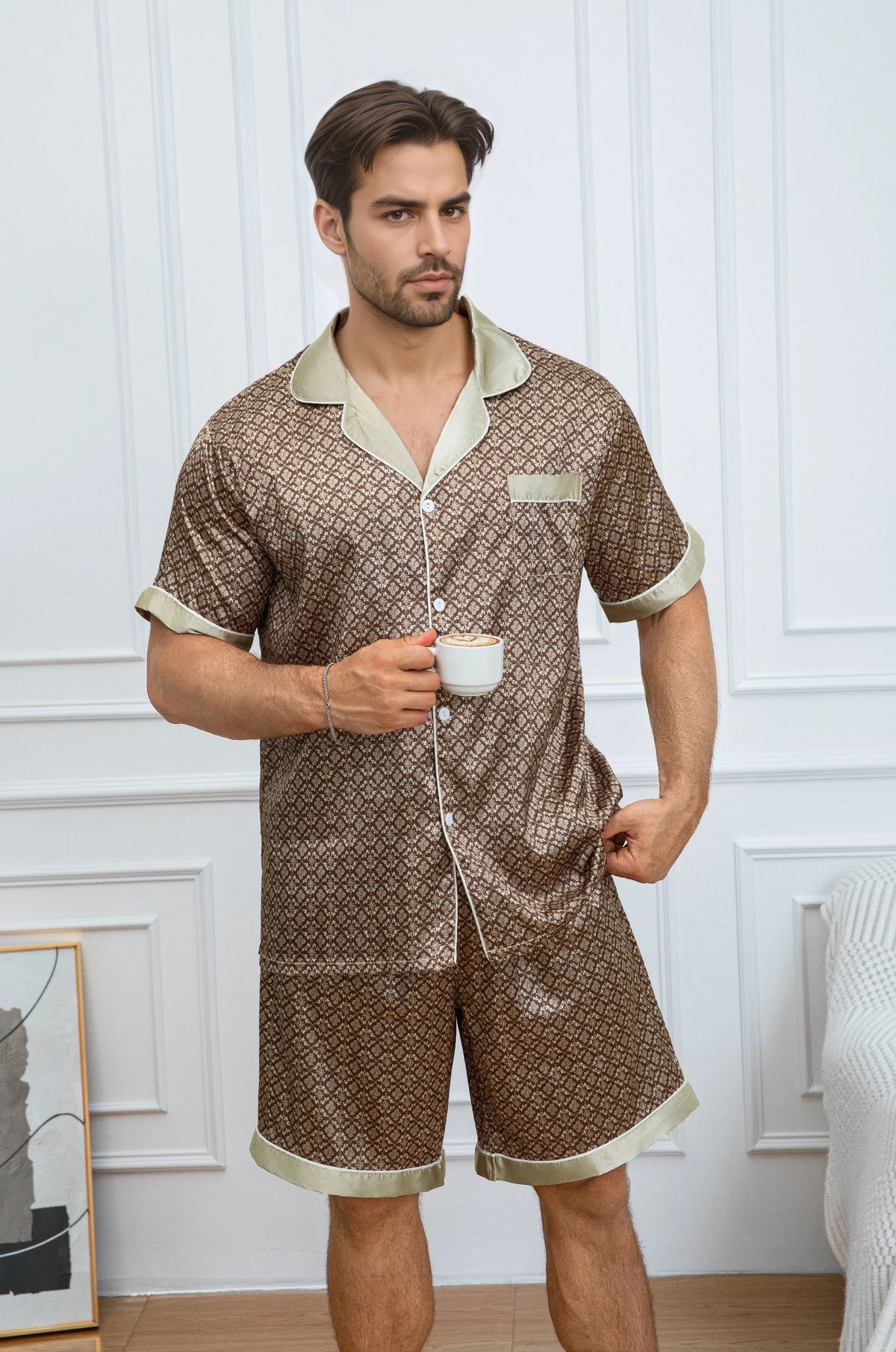 Men's Vintage Print Satin Pajama Set, Short Sleeve Button-Down Shirt & Shorts, Casual Loungewear Set Pajamas for Men Pijama