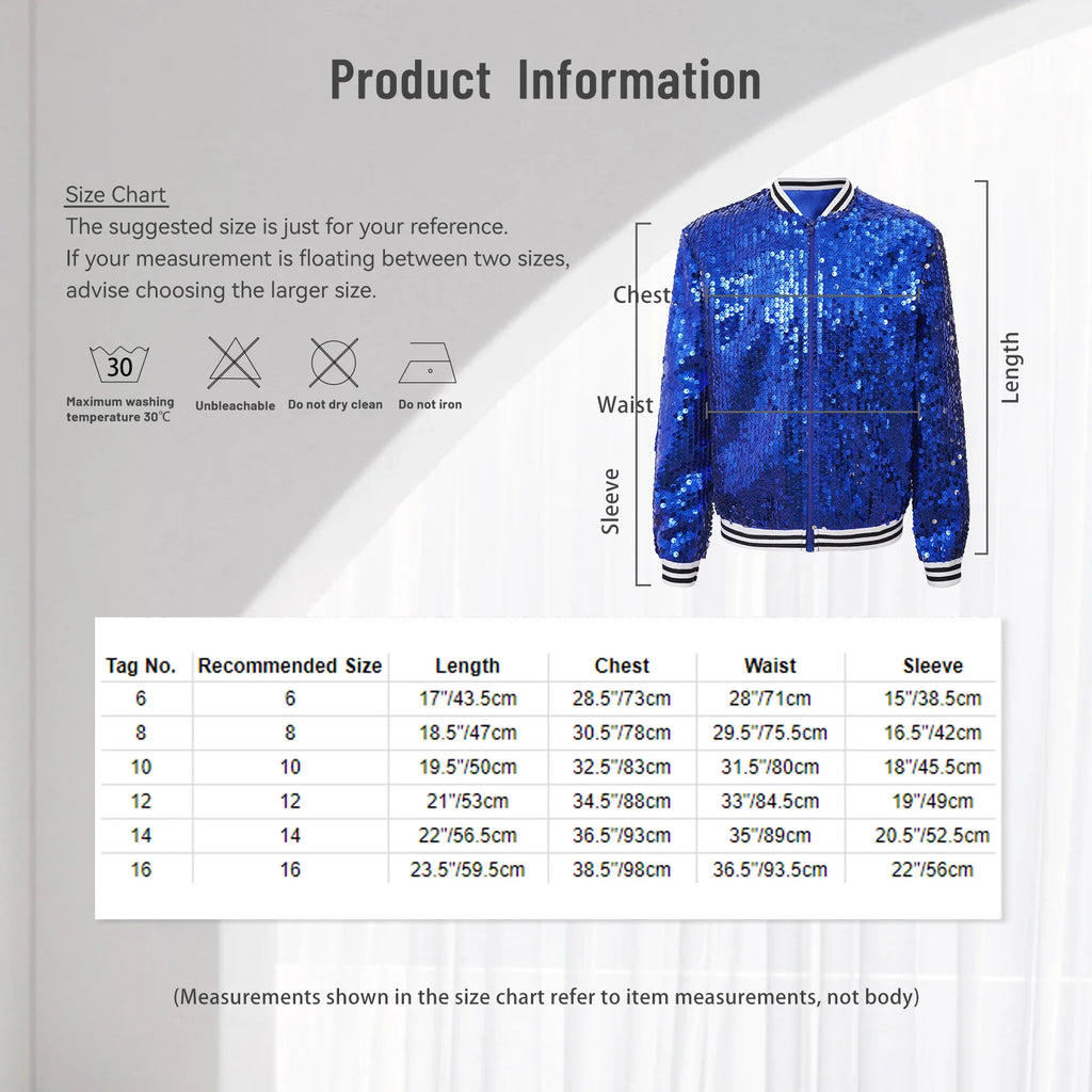 Kids Girls Hip Hop Jazz Dance Coat Long Sleeve Shiny Sequins Baseball Jackets Bomber Outerwear Rave Party Performance Costume