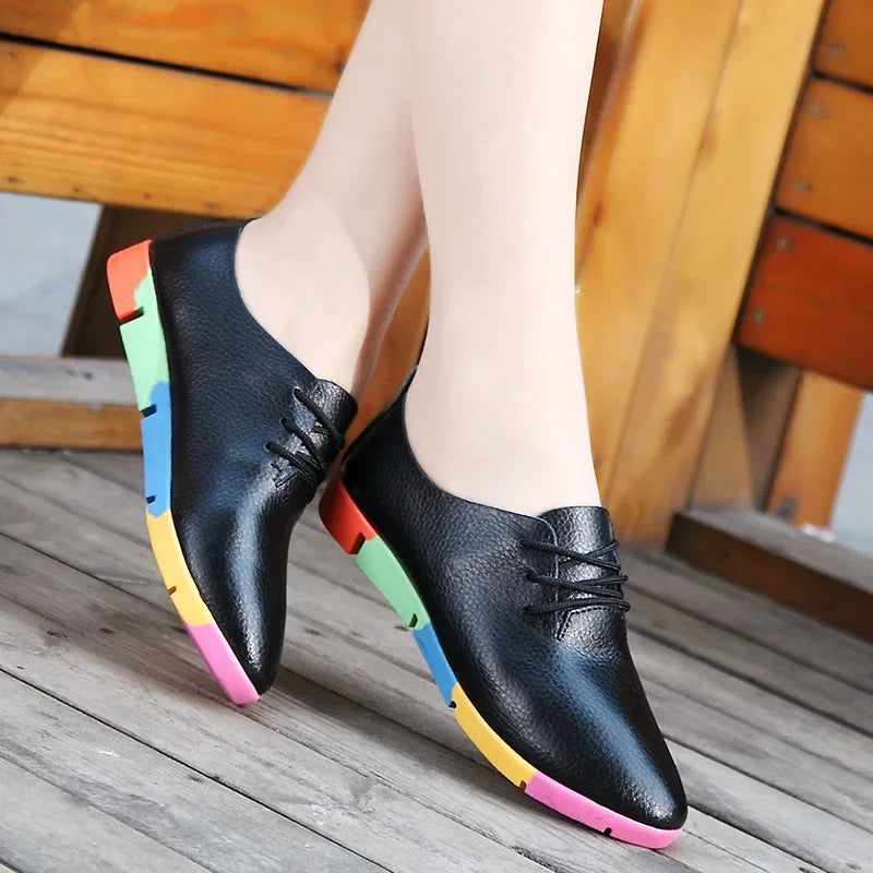 Shoes for Women Mother Ladies Shoes Flats Loafers Cow Genuine Leather Soft Comfortable Casual Lace Up Footwear Plus Size 35-44