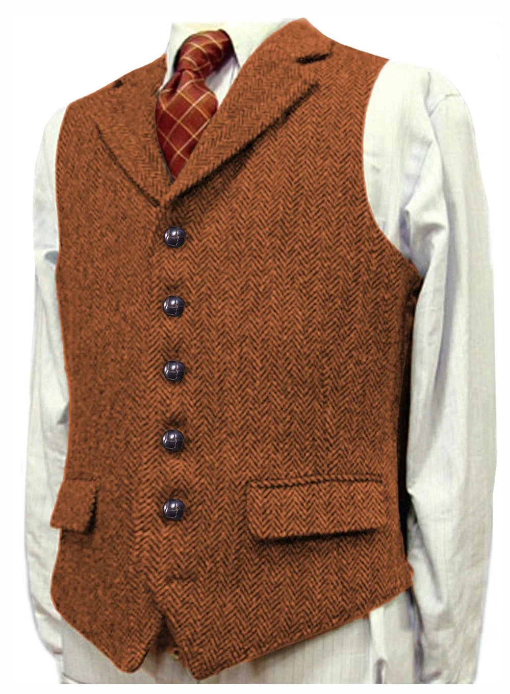 Men Vest With Lapel Boutique Herringbone Wool Tweed Slim Fit Waistcoat Casual Formal Business Wedding Daily Men Suit Vest