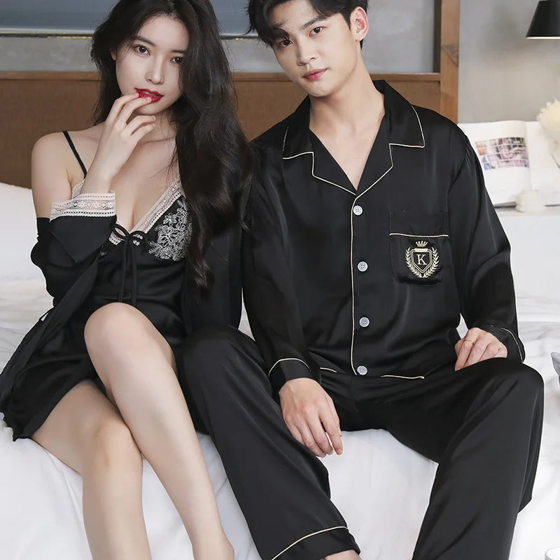 Couple Lounge Sleep Wear Ice Silk Pajamas Set Men Shirt Pants Women Lace Sling Nightdress With Robes Sleepwear