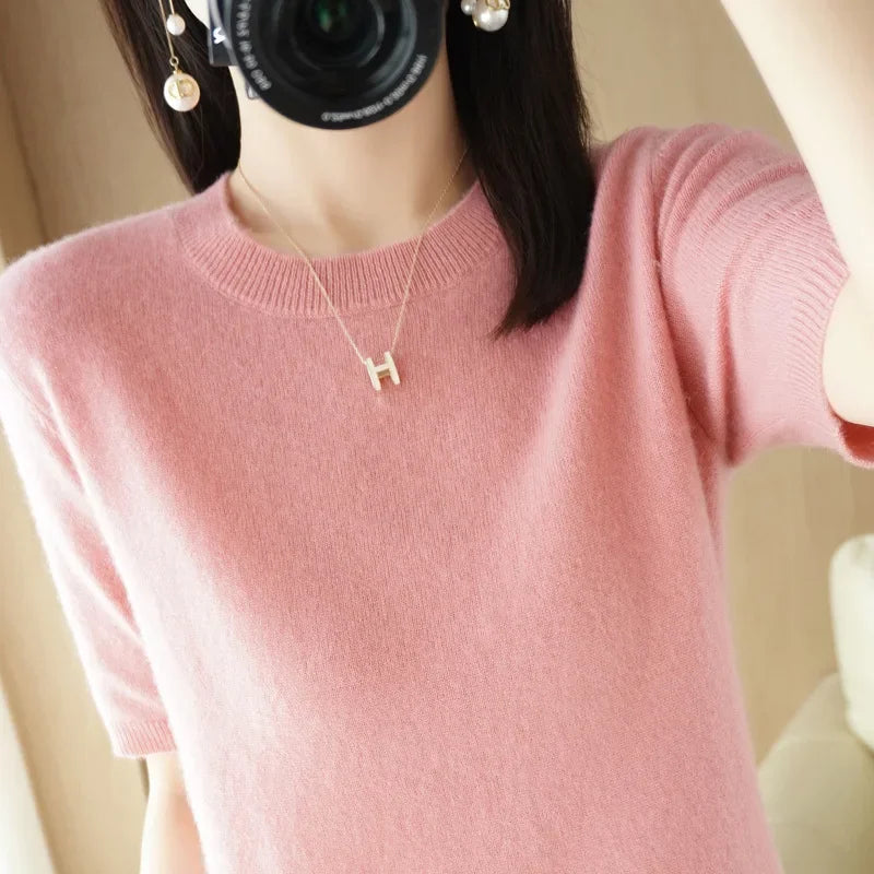 2025 Spring Summer Womens Sweater Short Sleeve O-neck Slim Fit Knitted Pullovers Bottoming Casual Knitwear Camel Pink Clothes